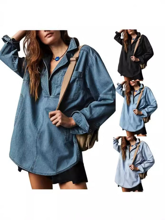 👖 Chic & Comfy Denim Pullover – Button V-Neck + Pockets for Everyday Style! 💙✨