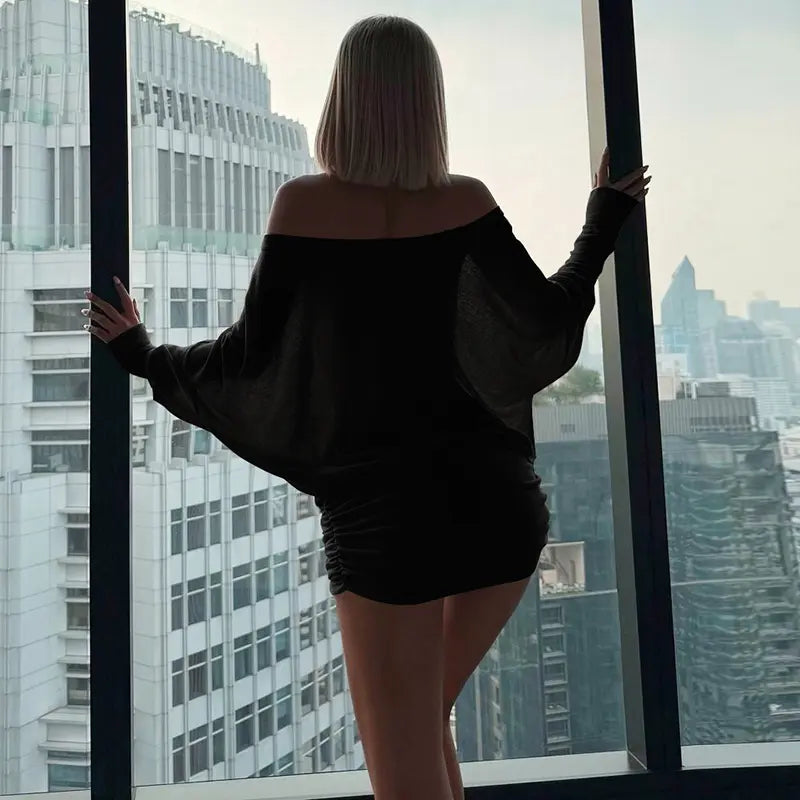 Women's Off The Shoulder Ruched Party Dress Sheer Long Sleeve Mini Dress Elegant Bodycon Dresses for Spring Fall Womenswear