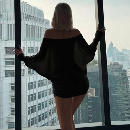 Women's Off The Shoulder Ruched Party Dress Sheer Long Sleeve Mini Dress Elegant Bodycon Dresses for Spring Fall Womenswear