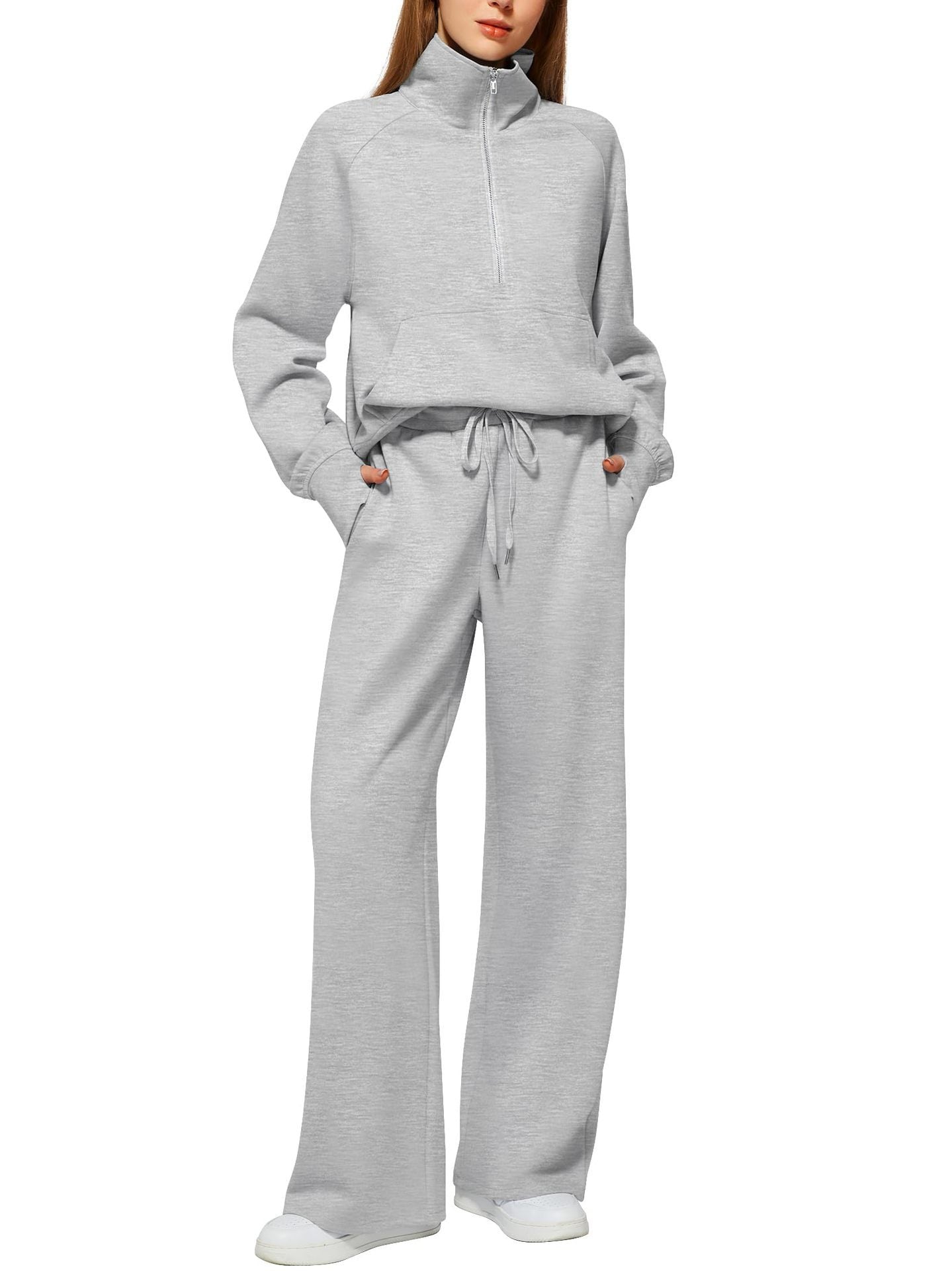 ⏰ LAST DAY SAVE 50%🔥 Women's Solid Color Cotton Half Zip Two-Piece Set