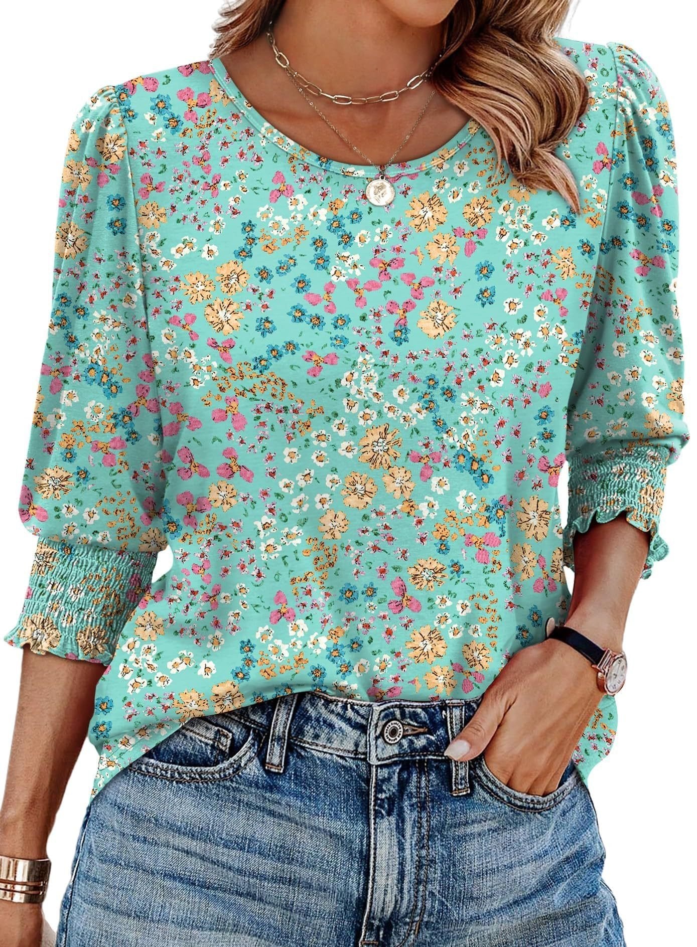 🏖️Women Dressy Casual 3/4 Length Sleeve Blouses with Smocked Cuffs
