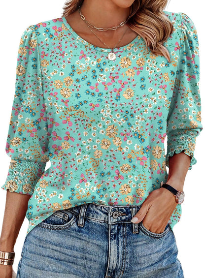 🏖️Women Dressy Casual 3/4 Length Sleeve Blouses with Smocked Cuffs