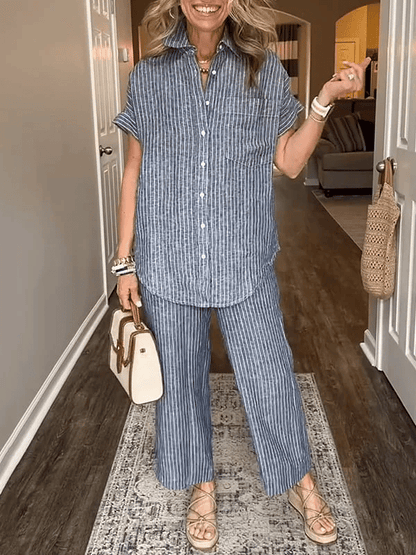 Classic Striped Linen Cotton Shirt Set With Pockets