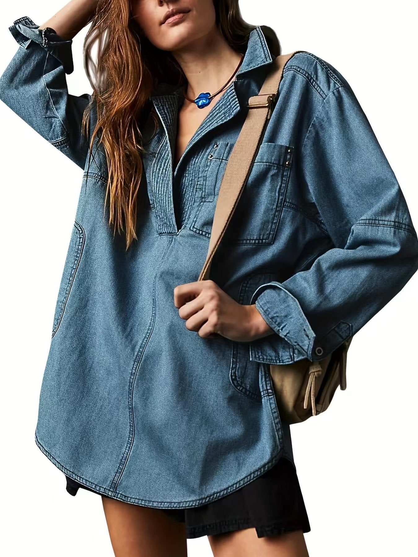 👖 Chic & Comfy Denim Pullover – Button V-Neck + Pockets for Everyday Style! 💙✨