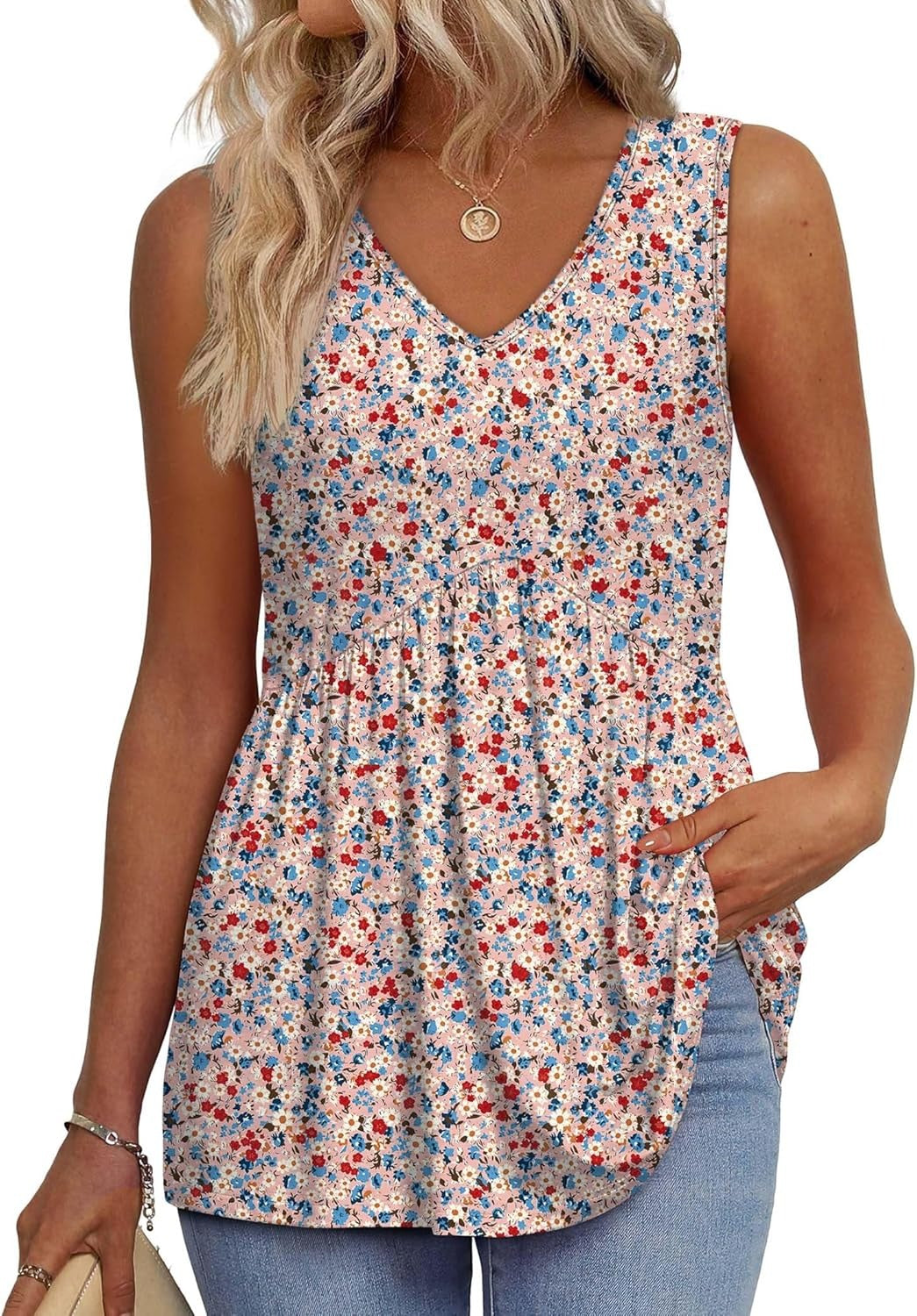 Limited time sale🔥Women's Print Flowy Sleeveless V Neck Peplum Tank Tops(BUY 3 FREE SHIPPING)