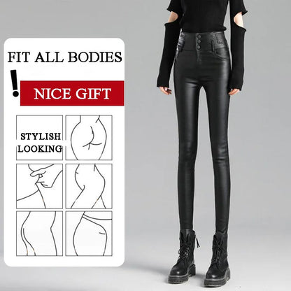 Nice Gift! 3-button Quilted Matte Leather Leggings for Women