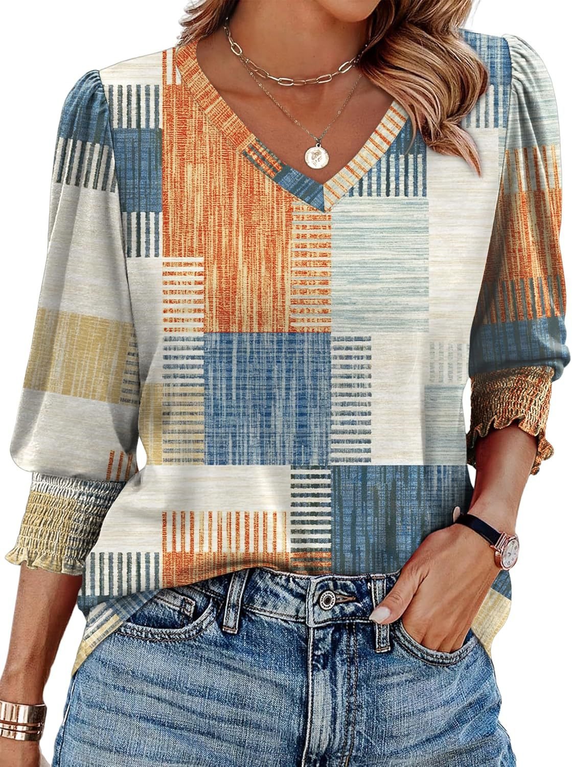 🏖️Women Dressy Casual 3/4 Length Sleeve Blouses with Smocked Cuffs