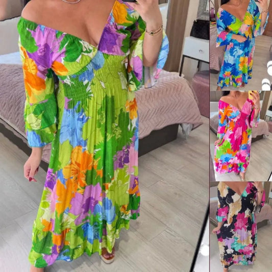 aakip™-V-neck Floral Seaside Vacation Loose Dress