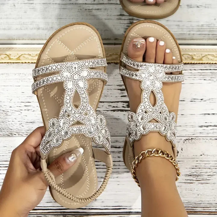 aakip™-Chic Floral Rhinestone Flat Sandals