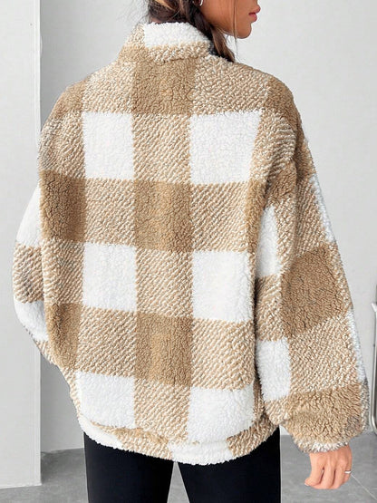 Women's Plaid Print Half Zip Drop Shoulder Fleece Sweatshirt