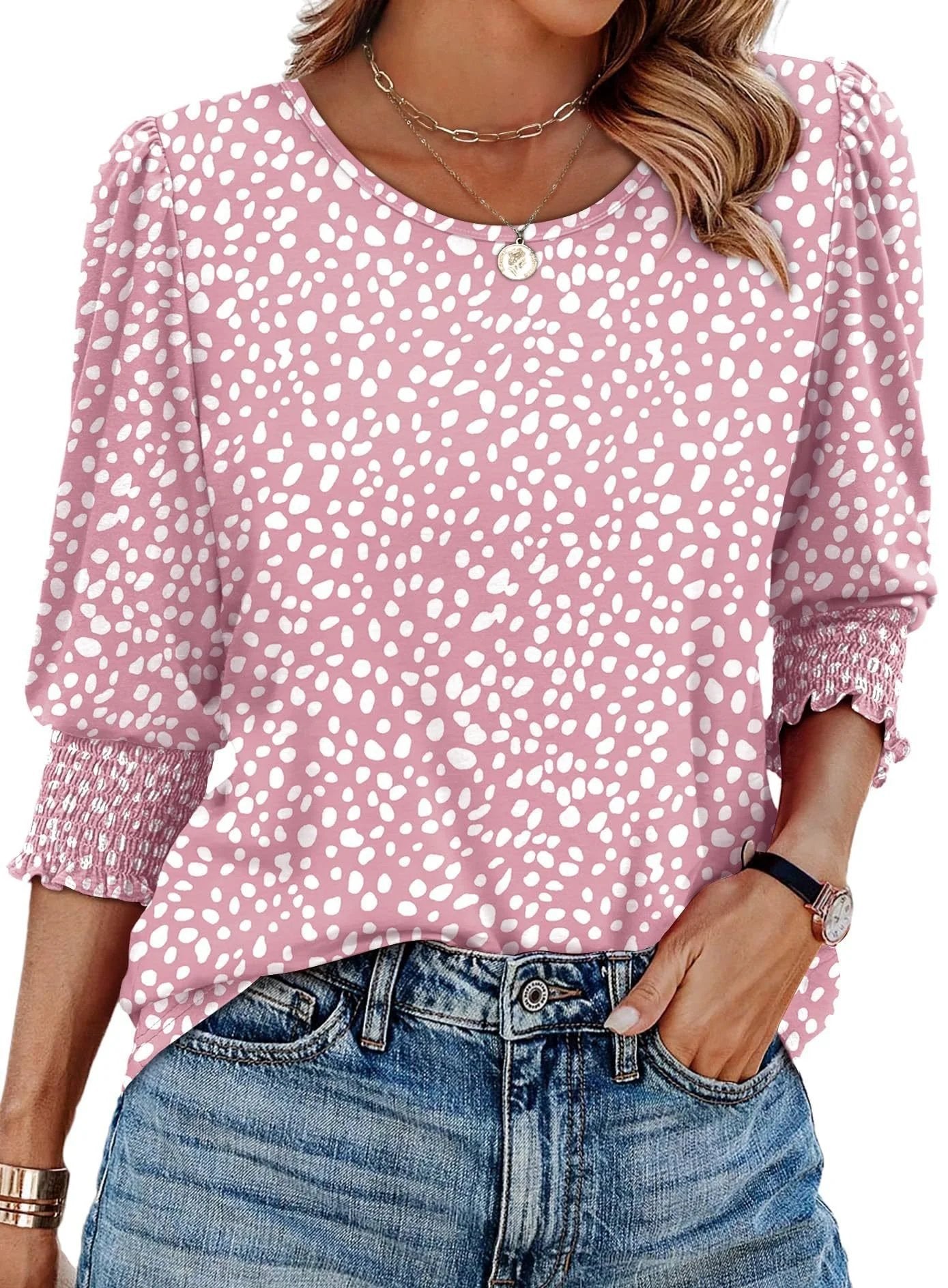 🏖️Women Dressy Casual 3/4 Length Sleeve Blouses with Smocked Cuffs