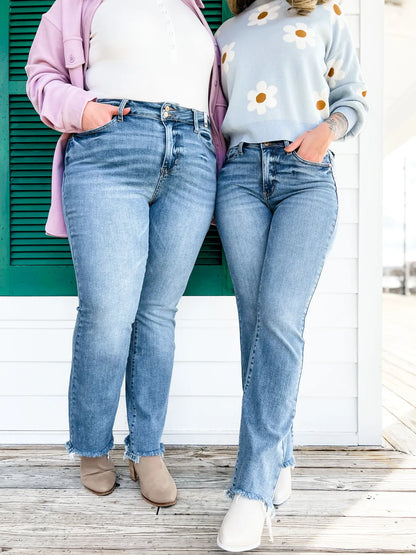 Owronline - Vintage Double Button Frayed Hem Bootcut Jeans