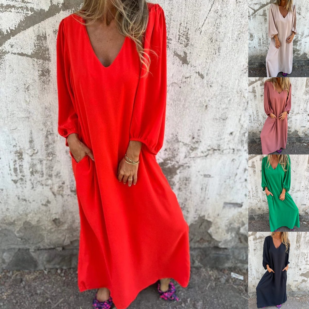 aakip™-Loose V-neck solid color women's lantern sleeve dress