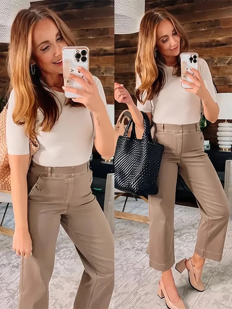 Tummy Control Twill Cropped Wide Leg Pant