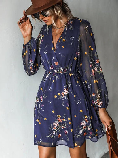 aakip™-Dress V-neck elegant chiffon printed floral spring see-through skirt