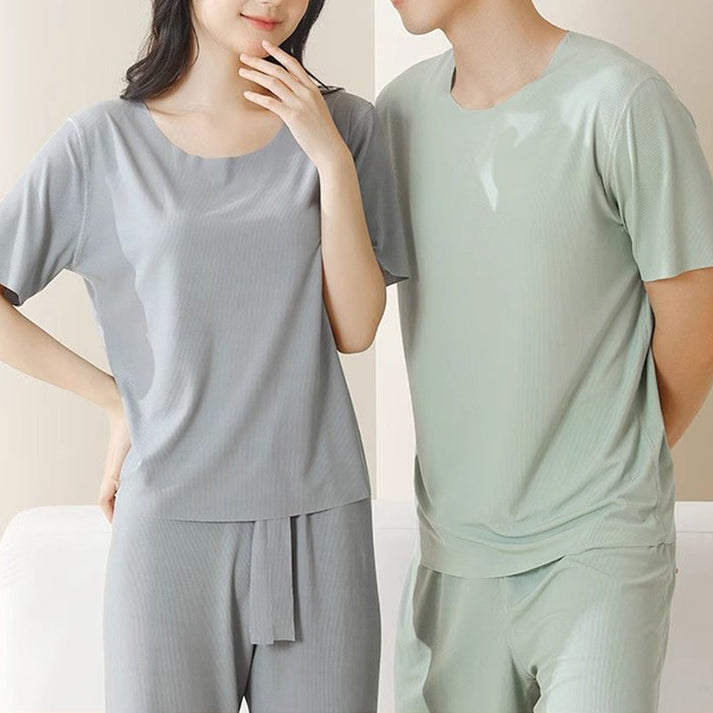 Soft Comfortable Ice Silk Short Sleeve T-Shirt Two Piece Set Loose Wide-leg Pants ( Buy 3 Free Shipping)