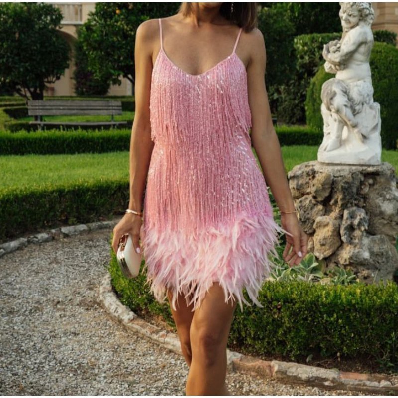 aakip™-Women's Feather Fringe Sequin Spaghetti Strap Dress