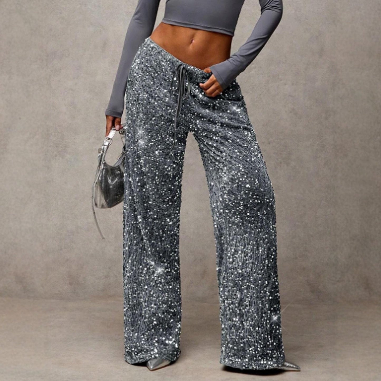 Women's Sequin Sparkle Wide Leg Pants with Elastic Waistband