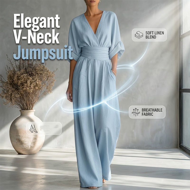 👠Women Solid-Color Elegant V-Neck Jumpsuit with Waist-Defining Fit
