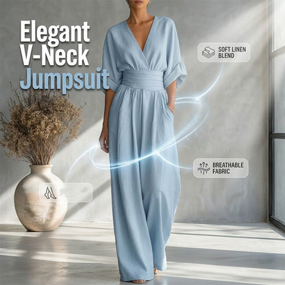 👠Women Solid-Color Elegant V-Neck Jumpsuit with Waist-Defining Fit