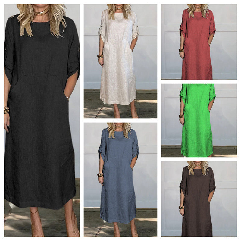 aakip™-Women's Cotton and Linen Solid Color Loose Dresses