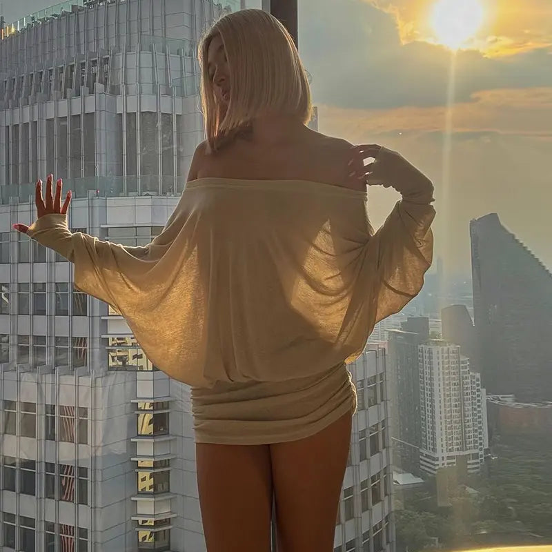 Women's Off The Shoulder Ruched Party Dress Sheer Long Sleeve Mini Dress Elegant Bodycon Dresses for Spring Fall Womenswear