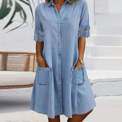 🎁Limited time 49% OFF⏳Blue Plain Collared Lace Trim Denim MIni Dress
