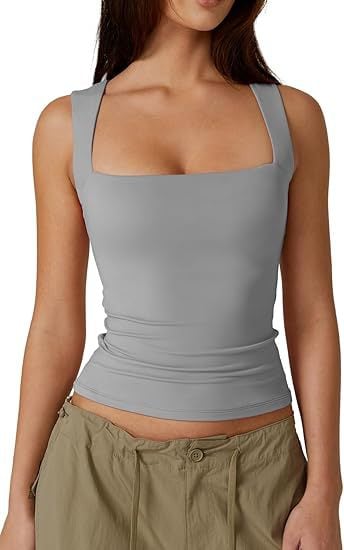 🏆Flash Sale⚡ 50K+ SOLD! Almost Gone⏰Women's Square Neck Sleeveless Double-Layer Tank Tops Basic Tight T Shirts short