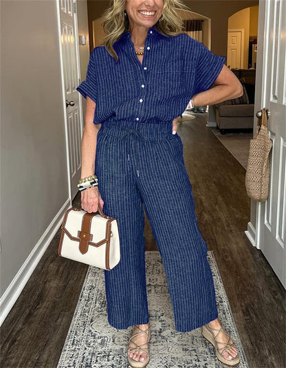 Classic Striped Linen Cotton Shirt Set With Pockets