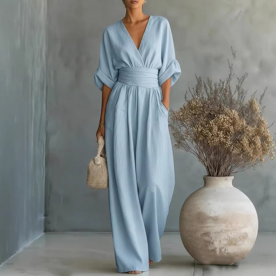 👠Women Solid-Color Elegant V-Neck Jumpsuit with Waist-Defining Fit