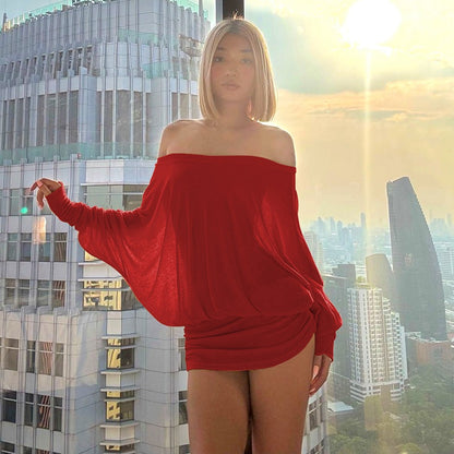 Women's Off The Shoulder Ruched Party Dress Sheer Long Sleeve Mini Dress Elegant Bodycon Dresses for Spring Fall Womenswear