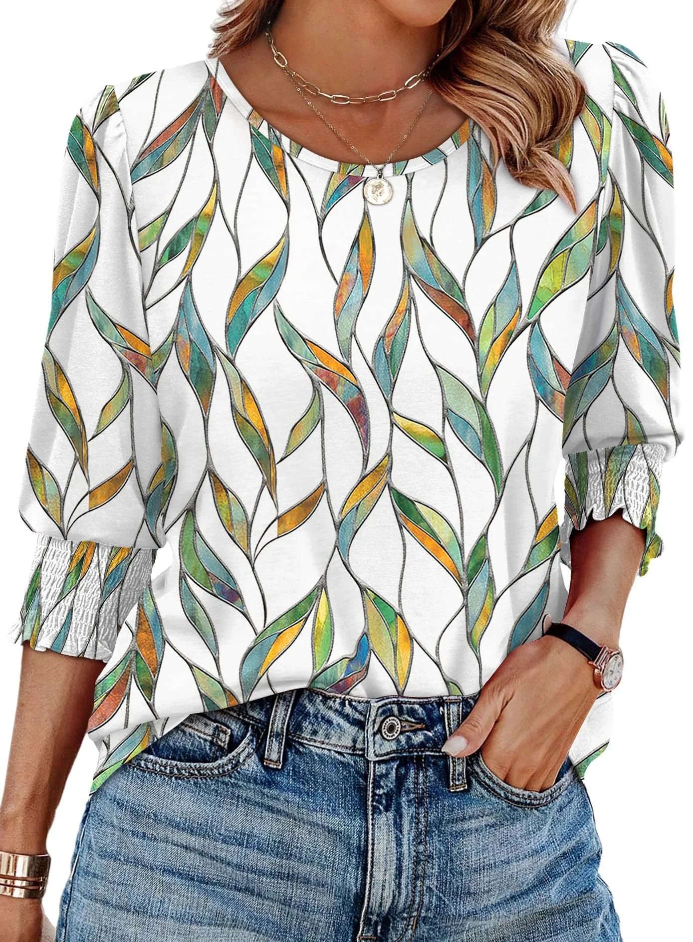 🏖️Women Dressy Casual 3/4 Length Sleeve Blouses with Smocked Cuffs