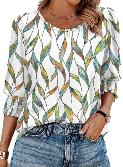 🏖️Women Dressy Casual 3/4 Length Sleeve Blouses with Smocked Cuffs