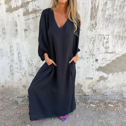 aakip™-Loose V-neck solid color women's lantern sleeve dress