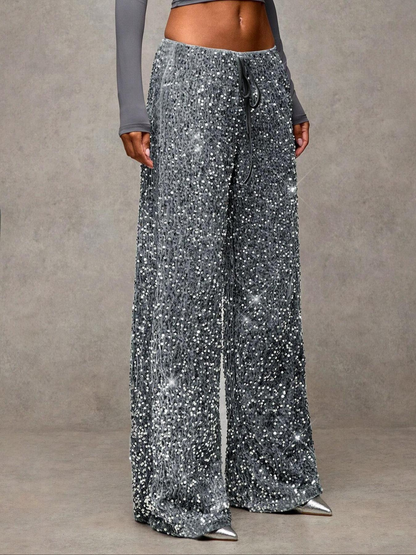 Women's Sequin Sparkle Wide Leg Pants with Elastic Waistband