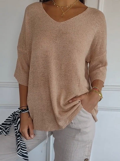 aakip™-Solid Color Knitted V-neck Top