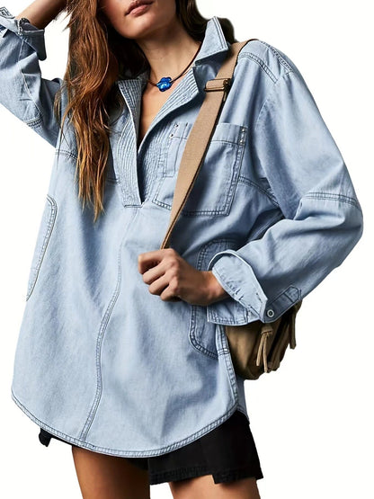 👖 Chic & Comfy Denim Pullover – Button V-Neck + Pockets for Everyday Style! 💙✨