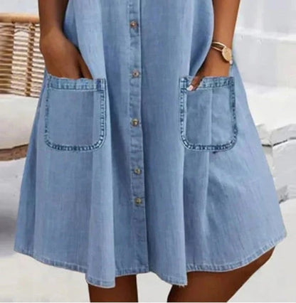 🎁Limited time 49% OFF⏳Blue Plain Collared Lace Trim Denim MIni Dress