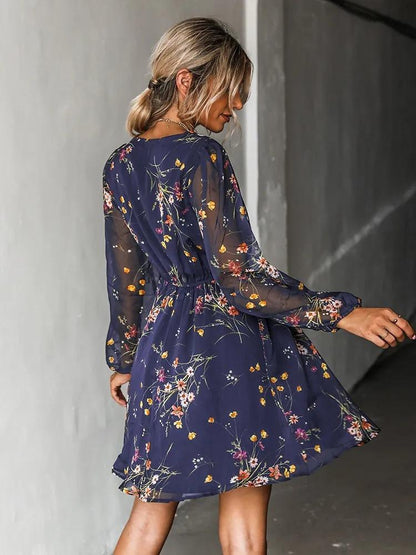 aakip™-Dress V-neck elegant chiffon printed floral spring see-through skirt