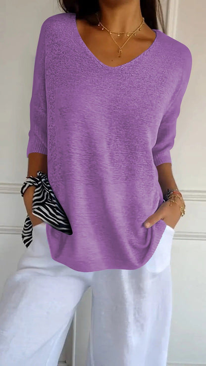 aakip™-Solid Color Knitted V-neck Top