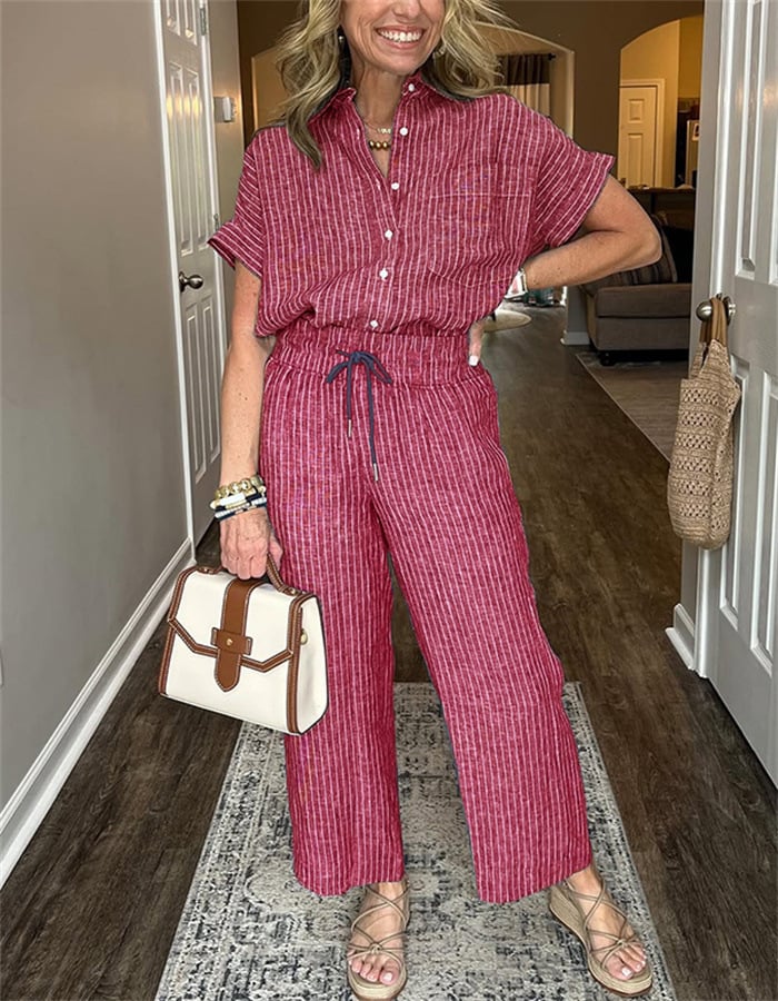 Classic Striped Linen Cotton Shirt Set With Pockets