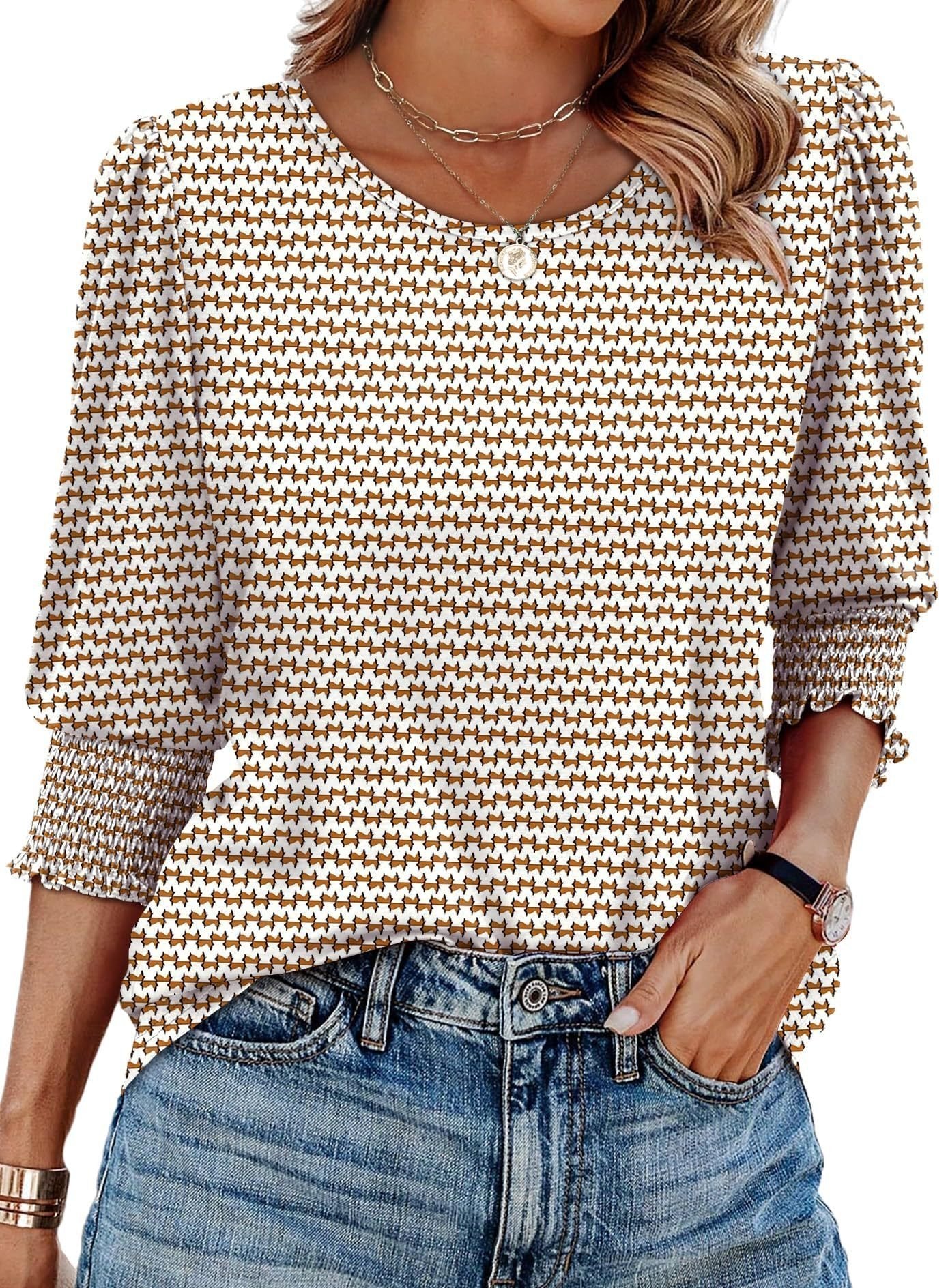 🏖️Women Dressy Casual 3/4 Length Sleeve Blouses with Smocked Cuffs