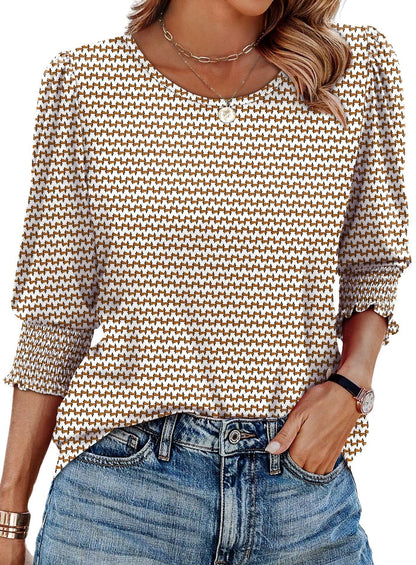 🏖️Women Dressy Casual 3/4 Length Sleeve Blouses with Smocked Cuffs