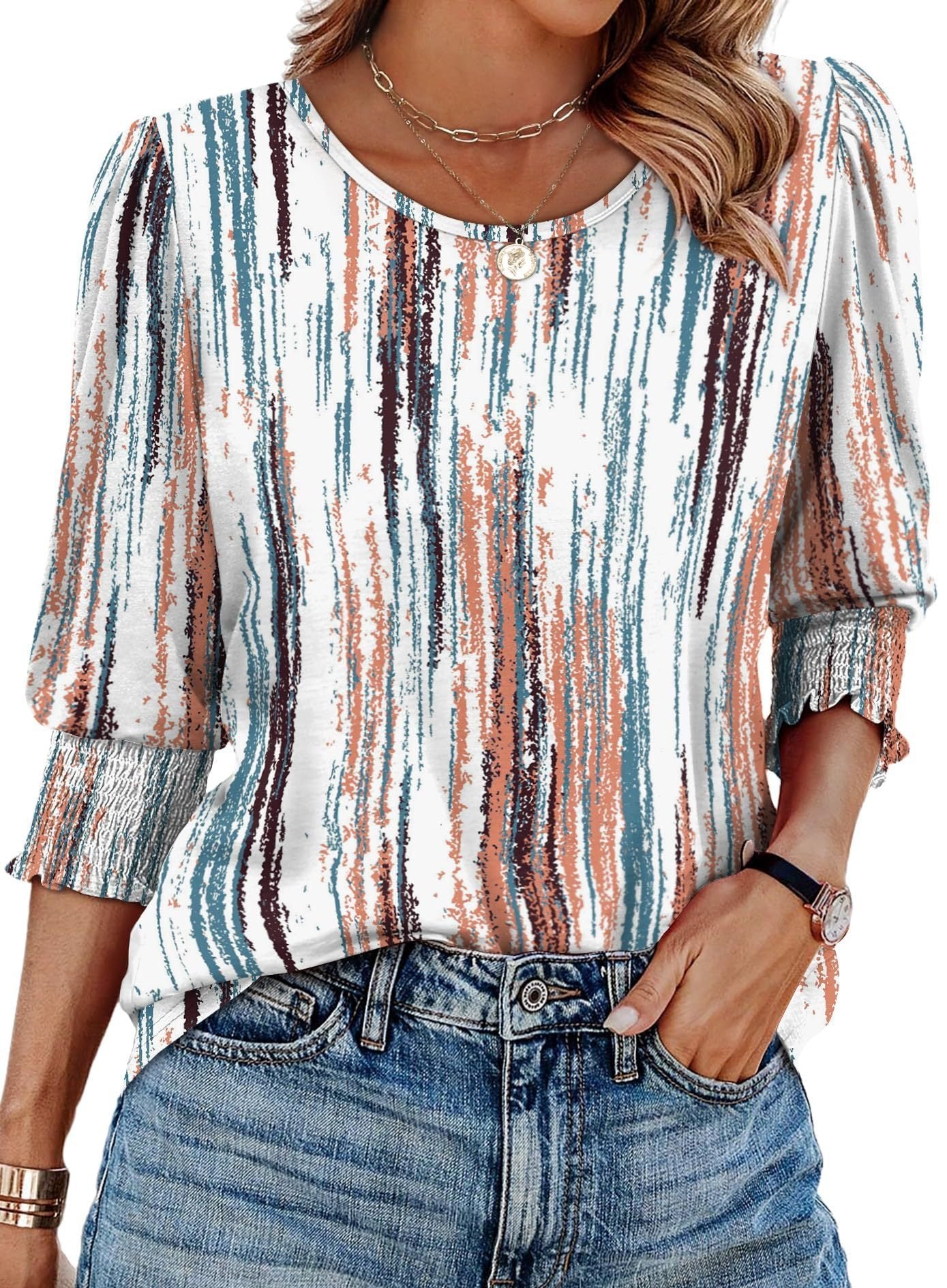 🏖️Women Dressy Casual 3/4 Length Sleeve Blouses with Smocked Cuffs