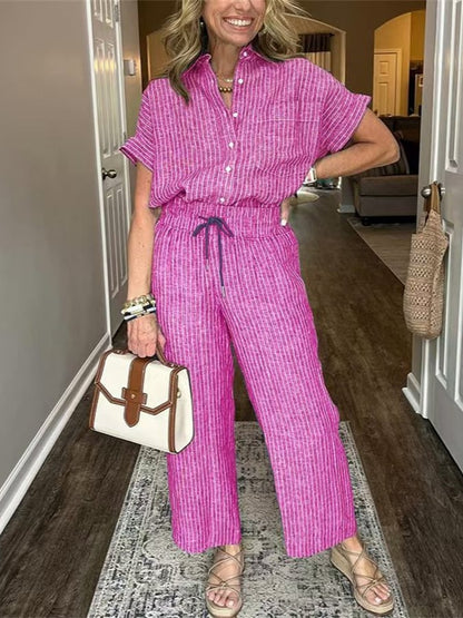 Classic Striped Linen Cotton Shirt Set With Pockets