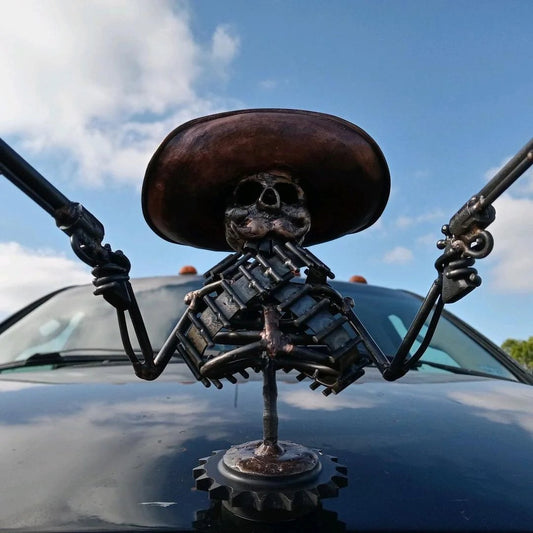 aakip™-Handmade Cast Cowboy Skull Gunslinger Hood Ornament Sculpture