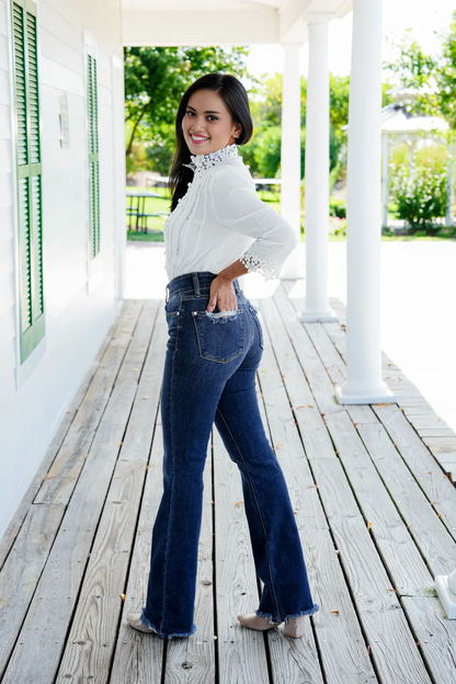 Owronline - Vintage Double Button Frayed Hem Bootcut Jeans