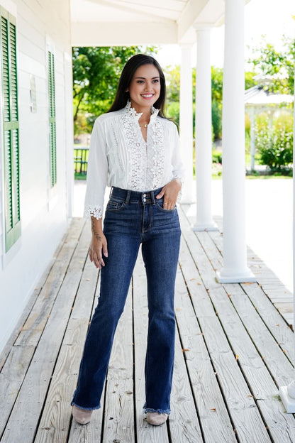 Owronline - Vintage Double Button Frayed Hem Bootcut Jeans