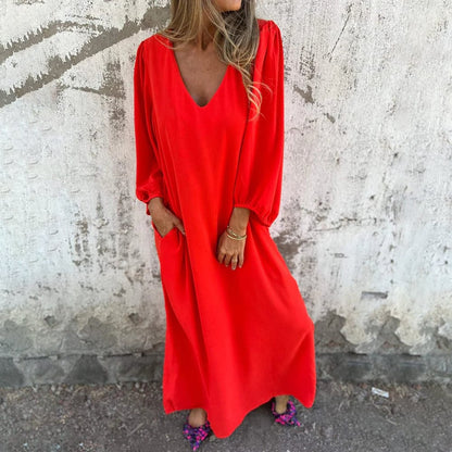 aakip™-Loose V-neck solid color women's lantern sleeve dress