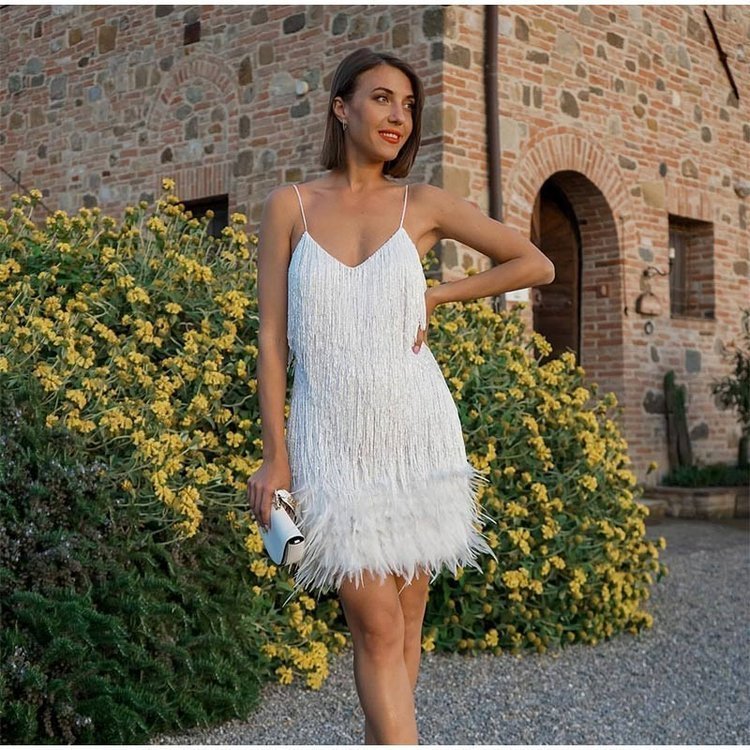 aakip™-Women's Feather Fringe Sequin Spaghetti Strap Dress